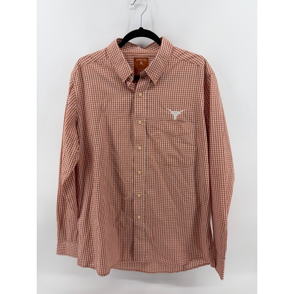 Antigua, Texas LongHorns, Football Orange/White Checkered Button Down Shirt, L